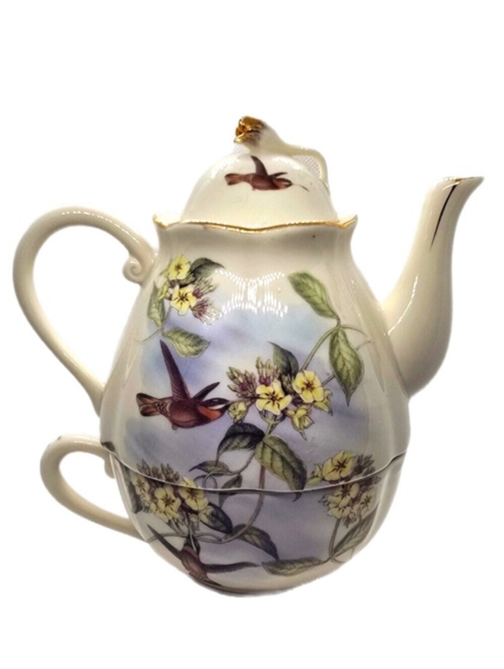 Hummingbird Gracie China Three Piece Teapot & Teacup With Lid, Coastline Imports